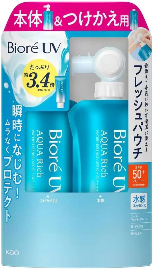 비오레 아쿠아리치 워터리 에센스 선크림 120g + 리필 120g  SPF50+ / PA++++ | 대용량 3.4배 | 슈퍼 워터프루프 | 화장품처럼 가볍고 촉촉한 자외선차단제