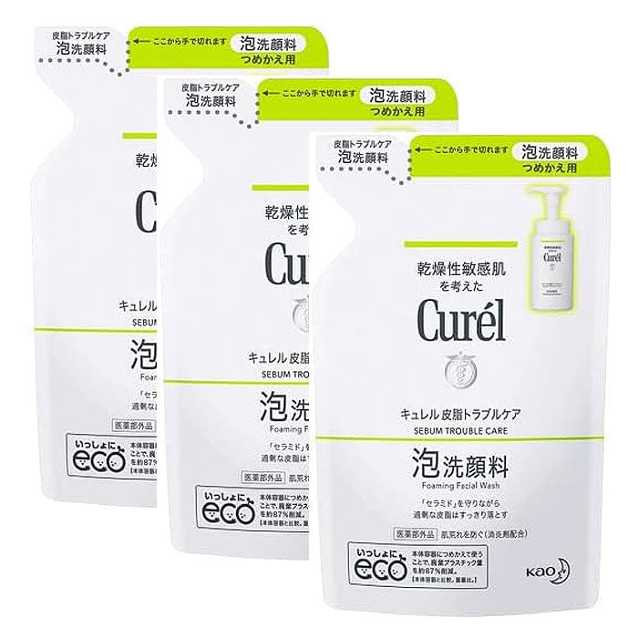 《세트 판매》 큐렐 (Curél) 피지 트러블 케어 거품 세안제 리필용 (130mL × 3개)