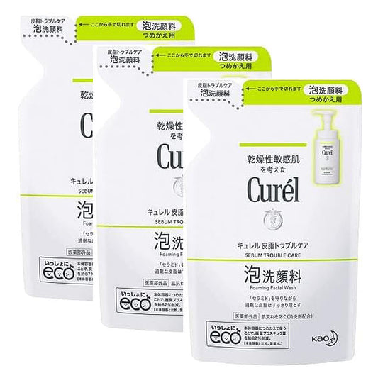 《세트 판매》 큐렐 (Curél) 피지 트러블 케어 거품 세안제 리필용 (130mL × 3개)