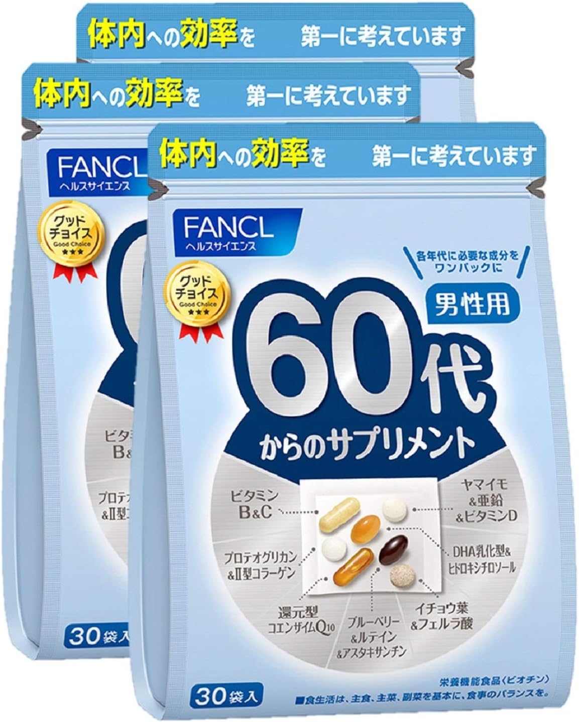 FANCL 60대 남성을 위한 서플리먼트 (비타민 C / 비타민 B / 아연) 45~90일분 (30팩 × 3) 개별 포장