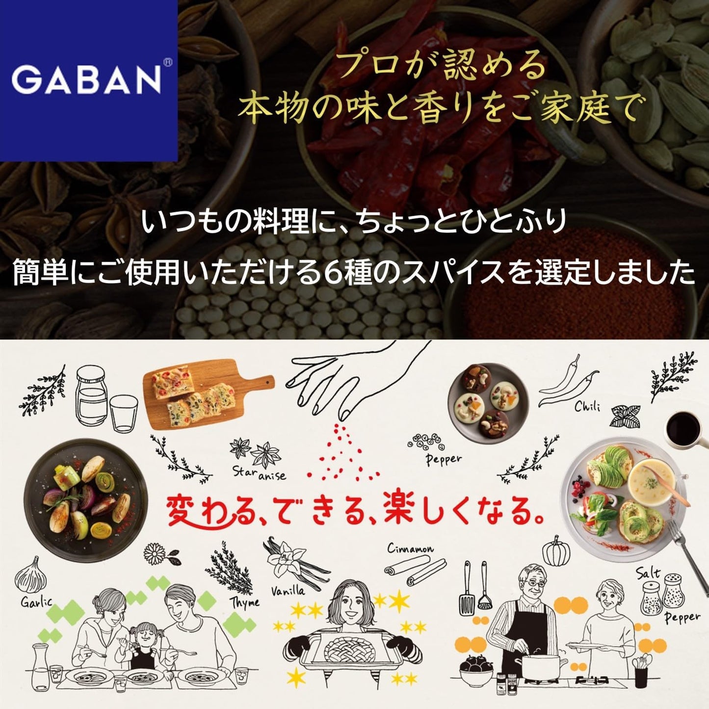 GABAN 스타터 세트 6종 (처음 시작하는 스파이스! 블랙페퍼/넛맥/바질/파슬리/쿠민/가람 마살라)